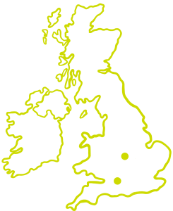 A map of the UK. The map is outlines in bright green. Two dots are place on the map, one where Solihull isand one where Chippenham is.